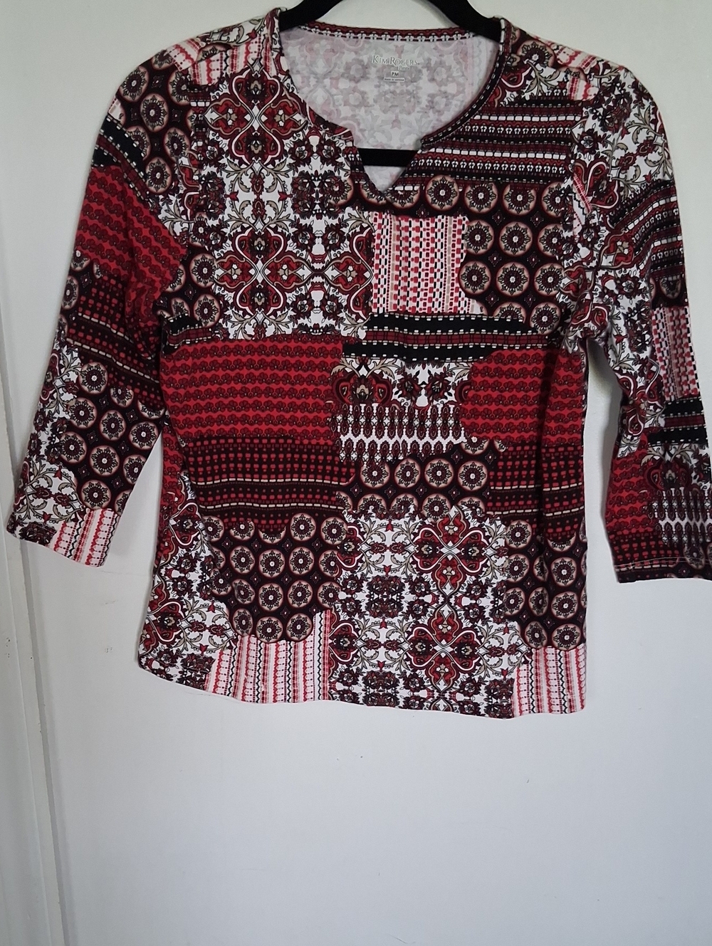 Kim Rogers Red Black White Patchwork Print 3/4 Sleeve Top